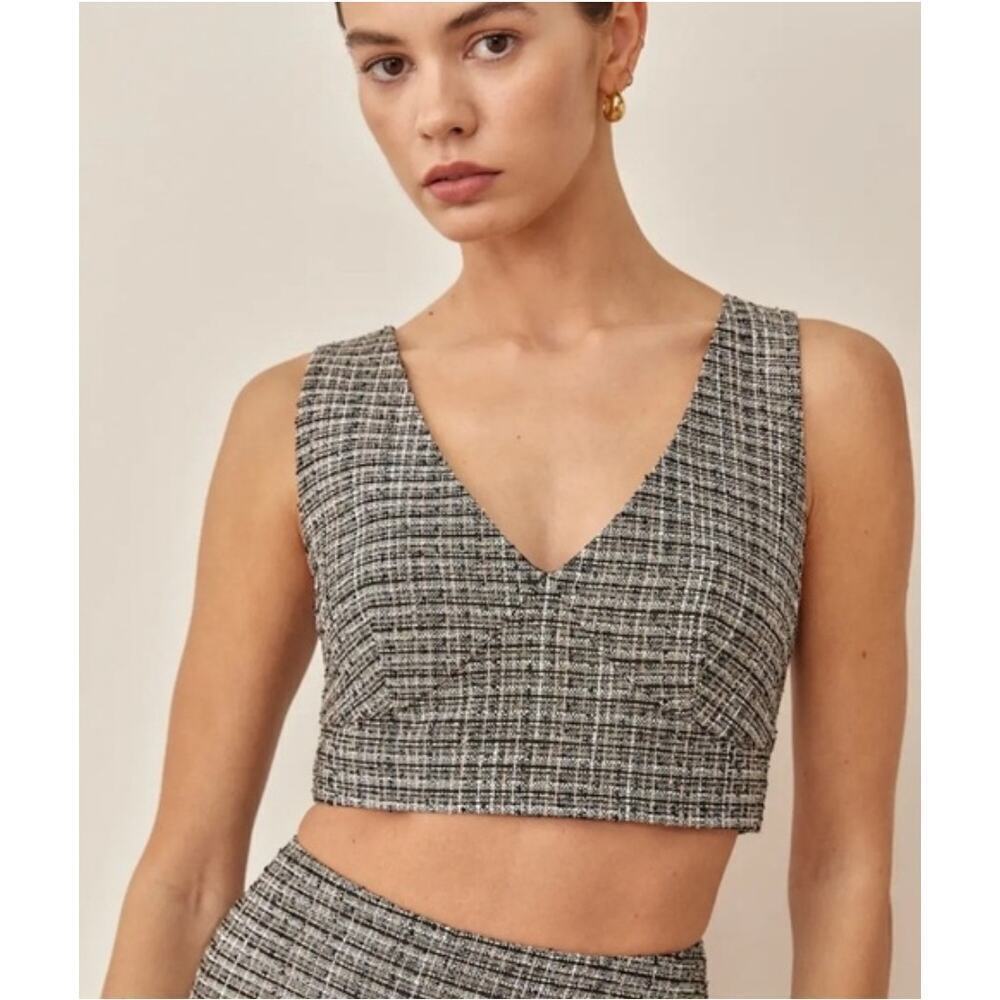 NWT Reformation Zuri Top Black Tweed V-Neck Cropped Sleeveless Chic Size 8